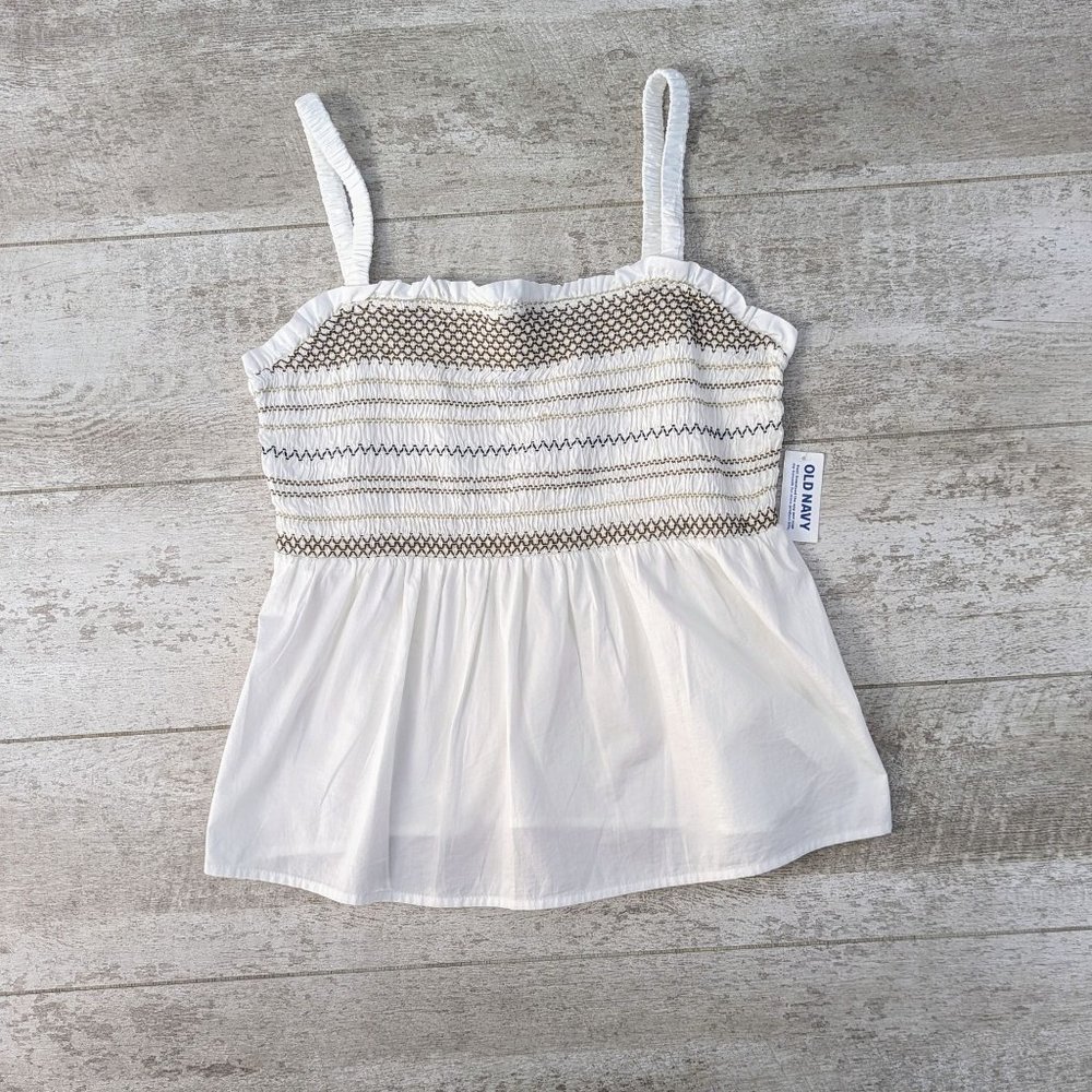 NWT Old Navy Smocked Babydoll Tank Top White Medium 100% Cotton Sleeveless